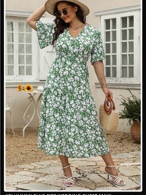 NWT Floral V-Neck Maxi Dress in Green and White Flutter Sleeve sz 20 Plus Size